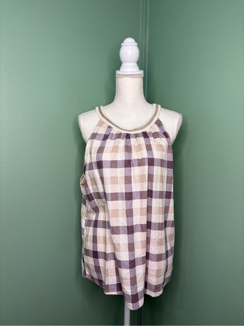 Plaid Sleeveless Halter Top in Cream and Mauve